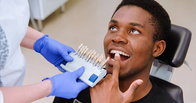 Man’s smile compared with tooth color chart